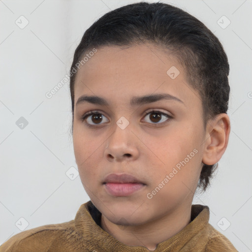 Neutral white young-adult female with short  brown hair and brown eyes