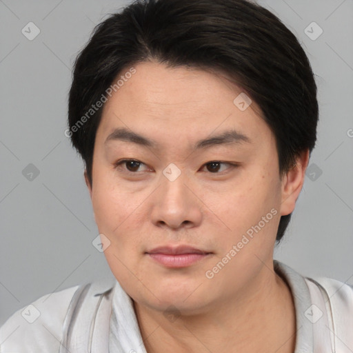 Neutral asian young-adult female with short  brown hair and brown eyes