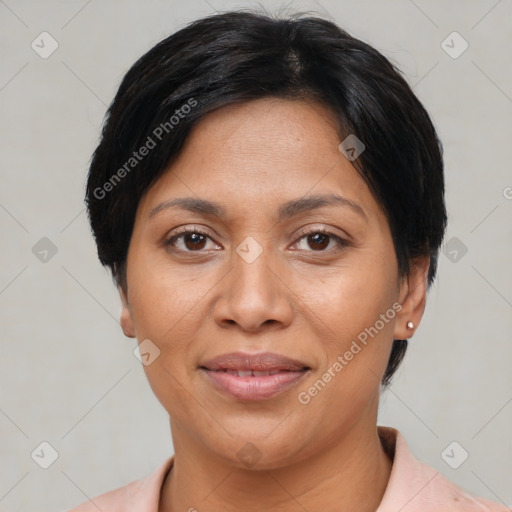 Joyful latino adult female with short  brown hair and brown eyes