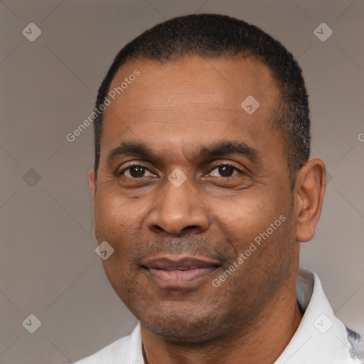 Joyful latino adult male with short  black hair and brown eyes