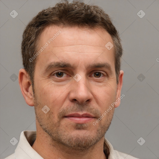 Neutral white adult male with short  brown hair and brown eyes