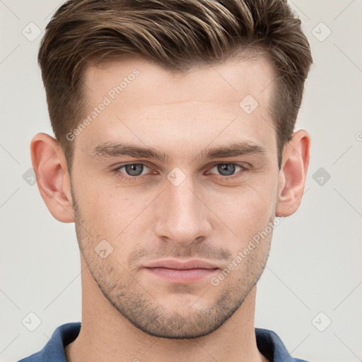 Neutral white young-adult male with short  brown hair and grey eyes