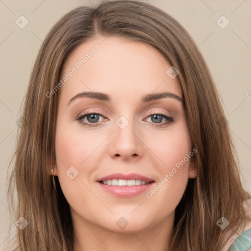 Joyful white young-adult female with long  brown hair and green eyes