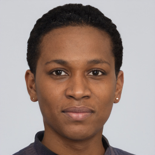 Neutral black young-adult female with short  black hair and brown eyes
