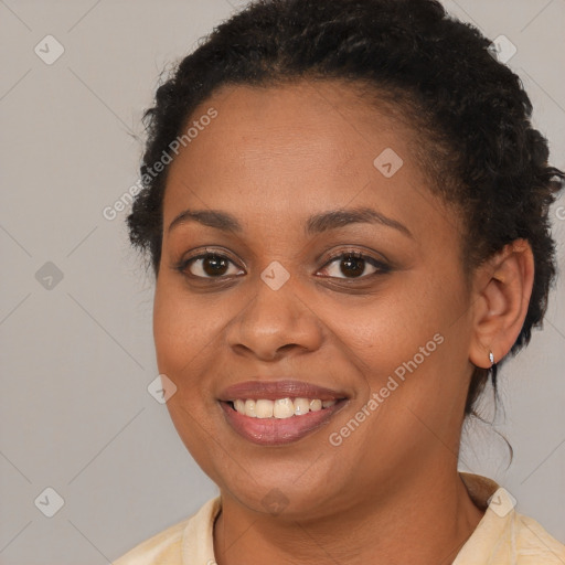 Joyful latino young-adult female with short  brown hair and brown eyes