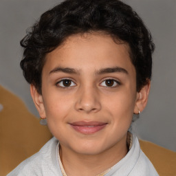 Joyful white child female with short  brown hair and brown eyes