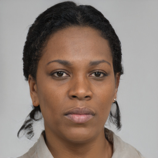 Neutral black young-adult female with short  brown hair and brown eyes