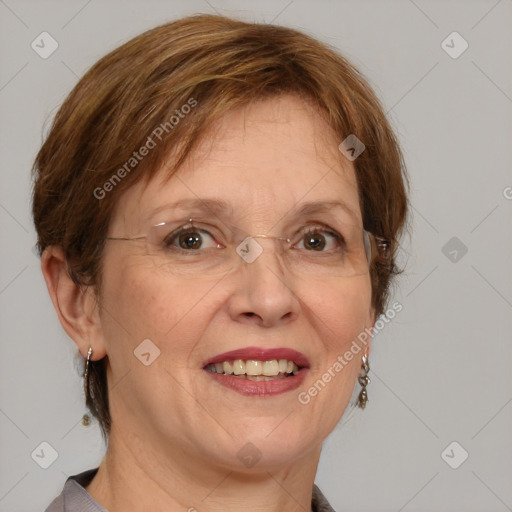 Joyful white adult female with medium  brown hair and blue eyes