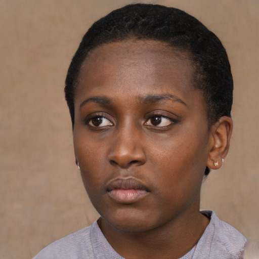 Neutral black young-adult female with short  black hair and brown eyes