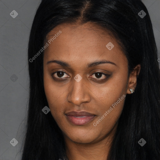 Joyful latino young-adult female with long  brown hair and brown eyes