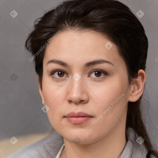 Neutral white young-adult female with medium  brown hair and brown eyes