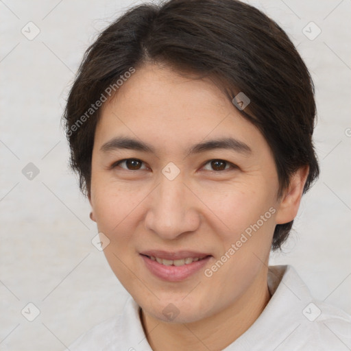 Joyful white young-adult female with medium  brown hair and brown eyes