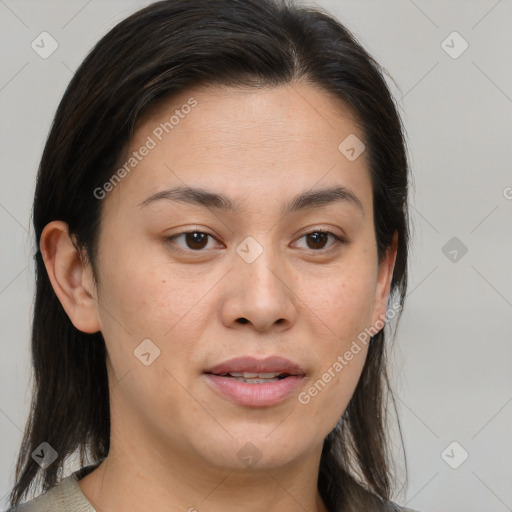 Joyful white young-adult female with medium  brown hair and brown eyes