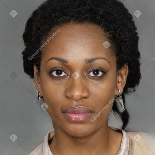 Neutral black young-adult female with short  black hair and brown eyes