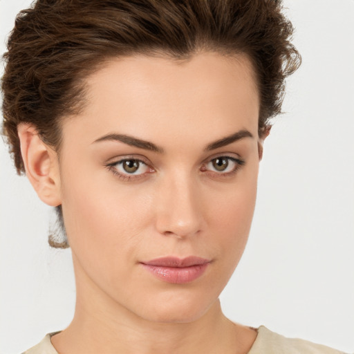 Neutral white young-adult female with short  brown hair and brown eyes