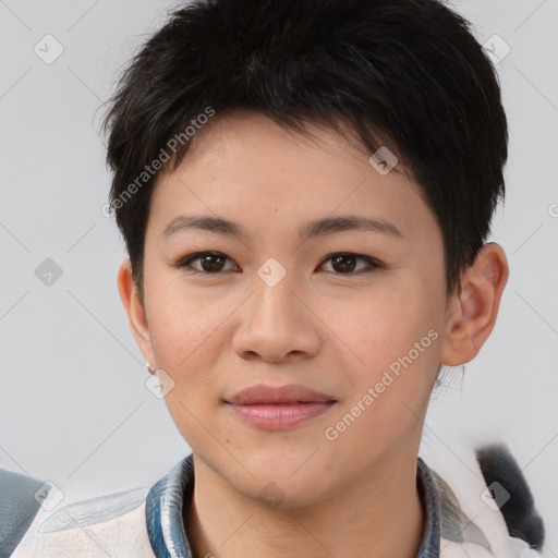 Joyful asian young-adult female with short  brown hair and brown eyes