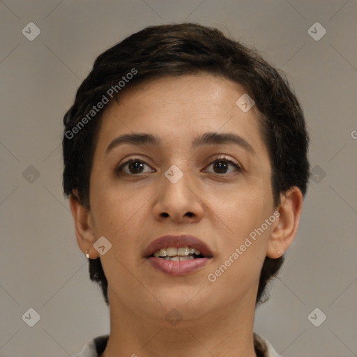 Joyful latino young-adult female with short  brown hair and brown eyes