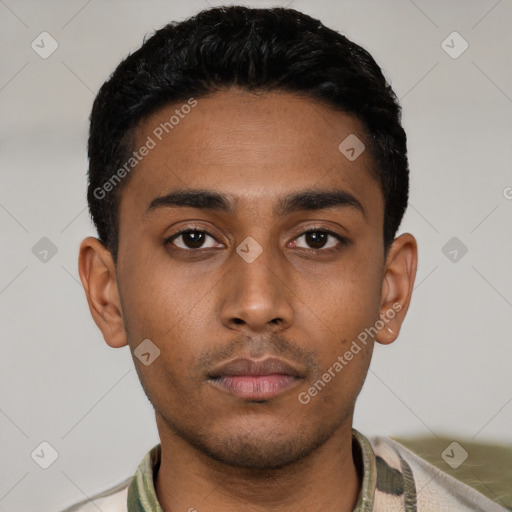 Neutral latino young-adult male with short  black hair and brown eyes