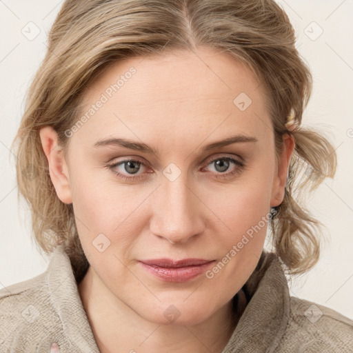 Joyful white young-adult female with medium  brown hair and blue eyes