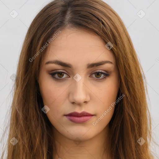 Neutral white young-adult female with long  brown hair and brown eyes