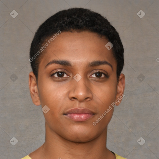 Neutral black young-adult female with short  black hair and brown eyes