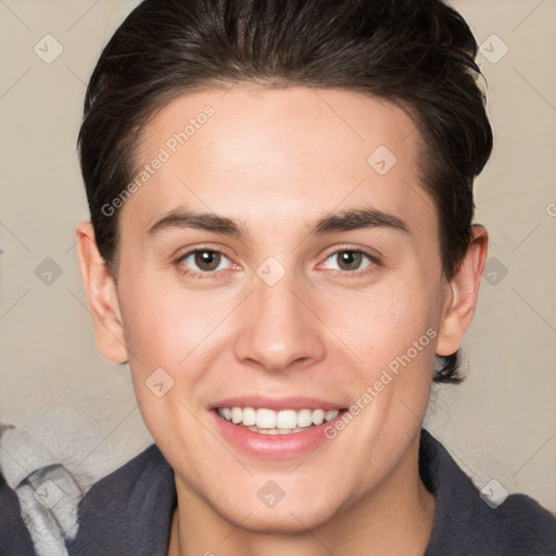 Joyful white young-adult male with medium  brown hair and brown eyes