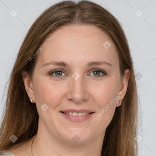 Joyful white young-adult female with long  brown hair and grey eyes