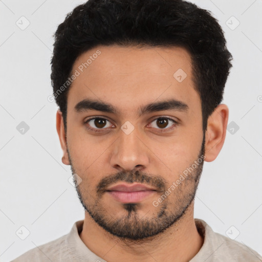 Neutral latino young-adult male with short  black hair and brown eyes