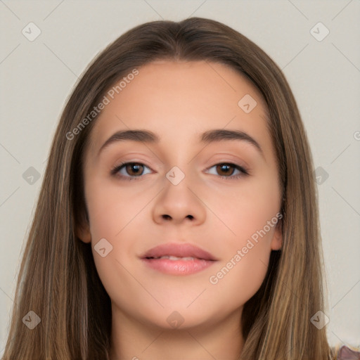 Neutral white young-adult female with long  brown hair and brown eyes