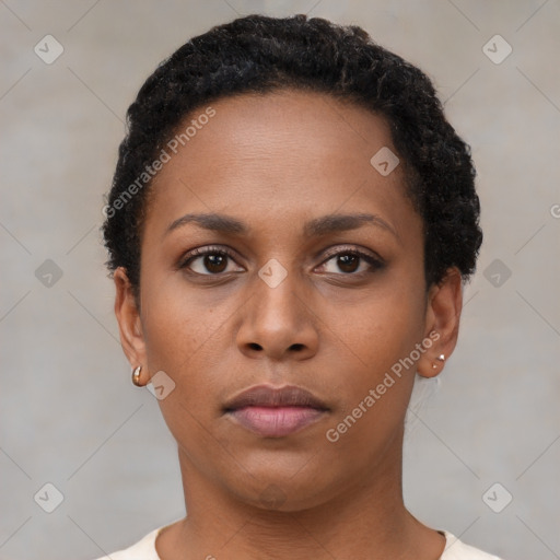 Neutral black young-adult female with short  brown hair and brown eyes