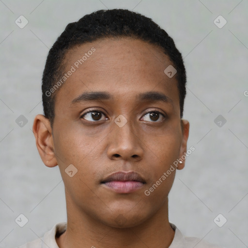 Neutral black young-adult male with short  brown hair and brown eyes