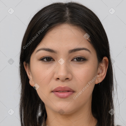 Joyful asian young-adult female with long  brown hair and brown eyes