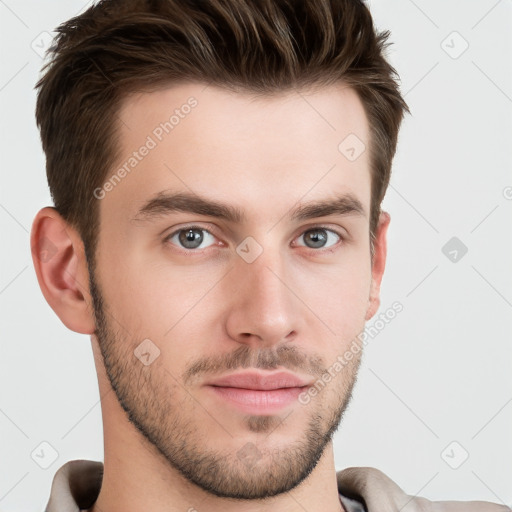 Neutral white young-adult male with short  brown hair and grey eyes