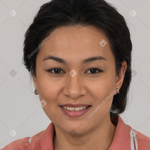 Joyful latino young-adult female with medium  brown hair and brown eyes