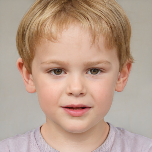 Joyful white child male with short  brown hair and grey eyes