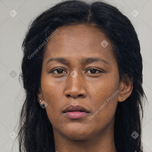 Neutral black young-adult female with long  brown hair and brown eyes