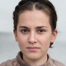 Neutral white young-adult female with short  brown hair and brown eyes