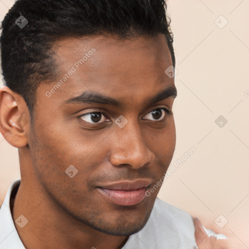 Neutral white young-adult male with short  brown hair and brown eyes