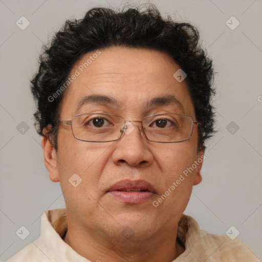 Joyful white middle-aged male with short  brown hair and brown eyes