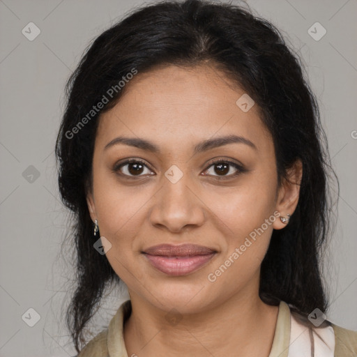 Joyful latino young-adult female with medium  brown hair and brown eyes