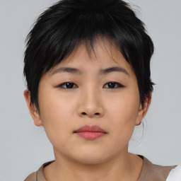 Neutral asian young-adult female with short  black hair and brown eyes