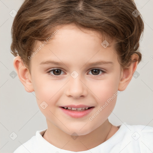 Joyful white child female with short  brown hair and brown eyes