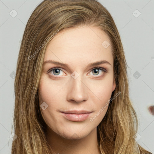 Neutral white young-adult female with long  brown hair and green eyes