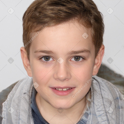 Joyful white child female with short  brown hair and brown eyes