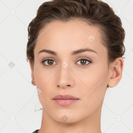 Neutral white young-adult female with short  brown hair and brown eyes