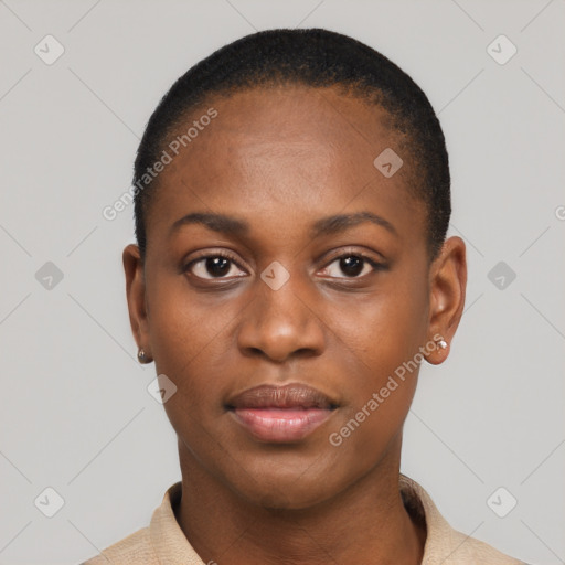 Neutral black young-adult female with short  black hair and brown eyes