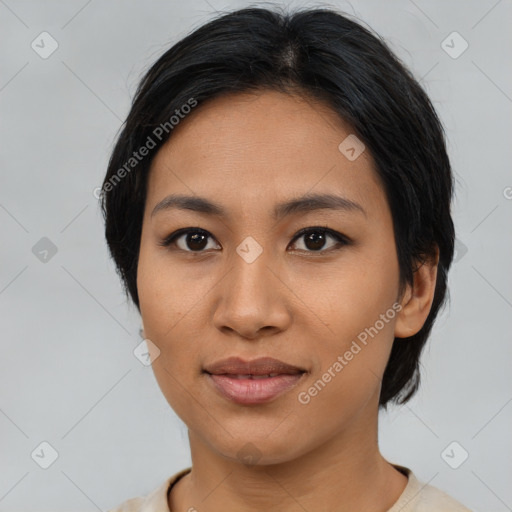 Neutral asian young-adult female with medium  black hair and brown eyes