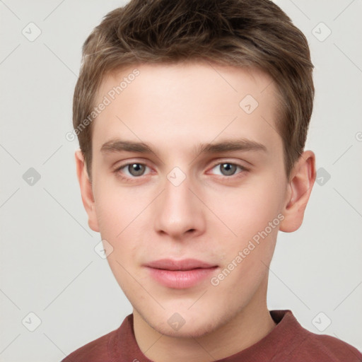 Neutral white young-adult male with short  brown hair and grey eyes