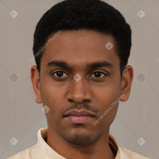 Neutral latino young-adult male with short  black hair and brown eyes
