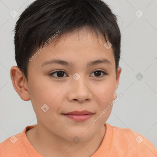 Joyful white child female with short  brown hair and brown eyes